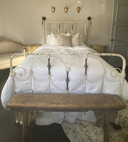 Iron Vintage White Brass Bed frame Hygge Shabby Chic Full size Cover