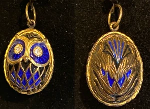 Vtg Russian Egg Pendant /Charm Sterling Guilloche Enameled 3D OWL Crystal Accent - Picture 1 of 6