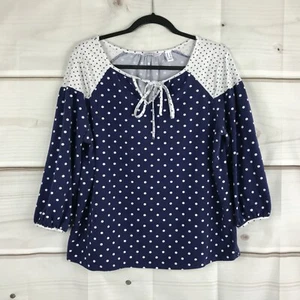 Isaac Mizrahi Live Top Women Small Polka Dot Knit Blue 3/4 Sleeve Blouse Keyhole - Picture 1 of 6