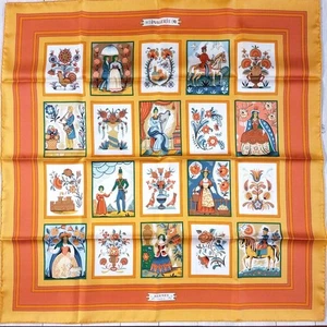 Bufanda de seda Hermès Carré 90 “Imagerie” - Estampado popular motivo color naranja - Imagen 1 de 10