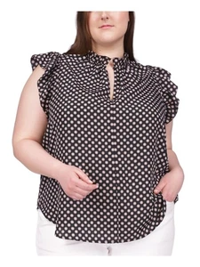MICHAEL KORS Womens Black Ruffled Curved Hem Short Sleeve Keyhole Blouse Plus 1X - Picture 1 of 11