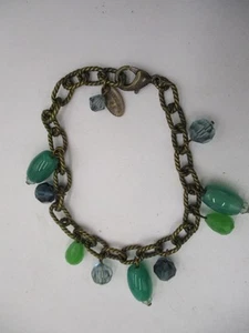 Signed Lizpaiacios SF Jade Green Blue Sapphire Gem Charms Bronze Bracelet 7.5" - Picture 1 of 1