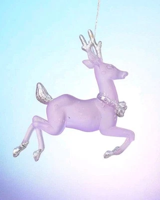 6 Frosted Glass Effect Lucite Plastic Purple Silver Glitter Christmas Tree Decs - Image 1 of 4