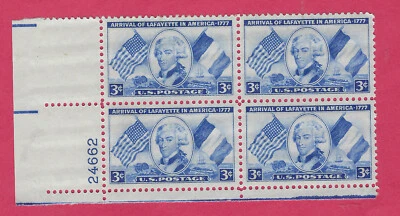 US  SCOTT #1010  LAFAYETTE   3¢  MINT NH  PLATE BLOCK OF 4   1952 - Image 1 of 2