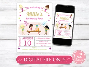 DIGITAL Gymnastic Girls Party PERSONALISED Invitations - Gym Birthday Invites - Picture 1 of 5