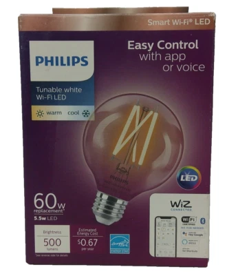 Philips Tunable G25 60W Equivalent Dimmable Smart Wi-Fi WiZ Con Light Bulbs - Image 1 of 3