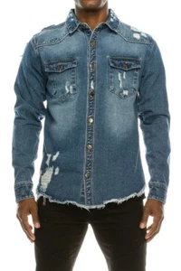 MENS DESTROYED RIPPED BUTTON UP DENIM LONG SLEEVE COLLAR JEAN OVERSHIRT M-2X - Picture 1 of 24