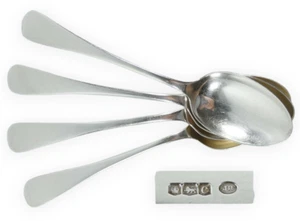 Antique Edwardian 1919 Set of 4 Sterling Silver Dessert Spoons Old English Round - Picture 1 of 7