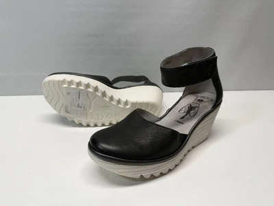 Fly London Mujer Cuña Plataforma Correa al Tobillo Cuero Negro Zapatos Cómodos Talla 38 Foto 1 de 4