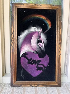 Vtg Pink Unicorn Hearts Black Velvet Painting Wood Frame Signed Mexico 22 x 13 - Picture 1 of 10