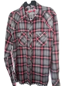 Rock 47 Shirt Mens XL Gray Red Plaid Pearl Snap Button Up Western Casual Cowboy - Picture 1 of 6