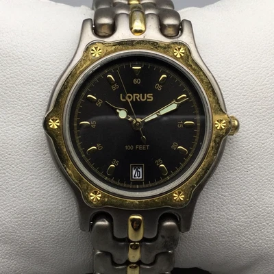 Часы мужские Lorus 37 мм двухцветные нержавеющая сталь черный циферблат дата новый аккумулятор - Изображение 1 из 4