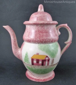 SCHOOL HOUSE Red SPATTERWARE pottery COFFEE POT spongeware - Mary Weaver 1960's - Picture 1 of 12