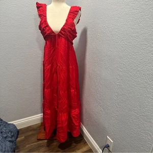 Jason Wu Size XL Red Linen Blend Ruffle Tiered Maxi Dress Resort Coastal Summer - Picture 1 of 7
