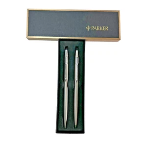Vintage Parker Arrow Ball Pen & Pencil Set Stainless Steel Blue Ink - Picture 1 of 5