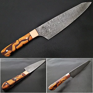 Santoku DAMASCUS Steel FORGED Chef Knife Wood Chip Resin by White Deer 55-60 HRC - Picture 1 of 8