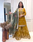 Yellow Silk Embroidery Work Full Sleeves Pakistani Kurta Flared Sharara Dupatta