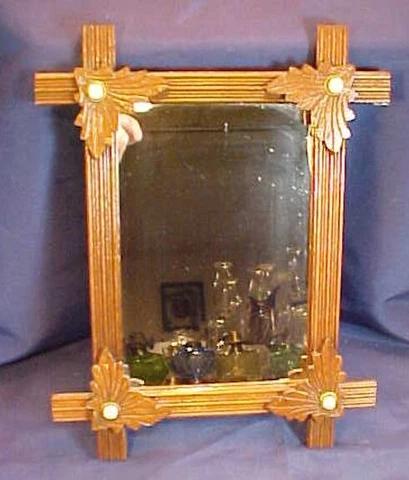 Antique Small Walnut Carved Frame Porcelain Button Mirror Leaf Corners Cover