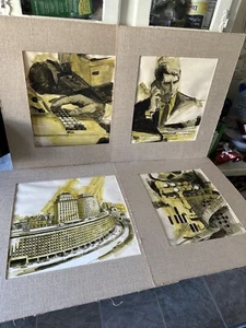 4 Vintage Watercolor Paintings Illustrations Boston MA Center Plaza Office Scene - Picture 1 of 14