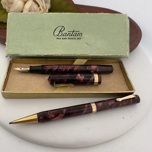 VINTAGE ~ BANTAM ~ MINI FOUNTAIN PEN AND MECHANICAL PENCIL SET ~ BURGUNDY MARBLE - Picture 1 of 23