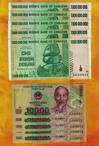 5 x 1 Billion Zimbabwe Dollars + 5 x 10000 Vietnam Dong Banknotes Currency Bills - Picture 1 of 3