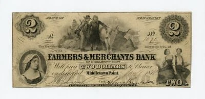 1854 $2 The Farmers & Merchants Bank of Middletown Point, NEW JERSEY (CTFT) Note - Image 1 of 2