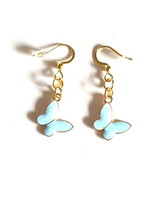 🦋Sweet Blue Enamel Butterfly Gold Plated Earrings🦋 - Picture 1 of 8