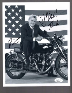 JAY LENO HAND SIGNED 8x10 PHOTO ON HIS MOTORCYCLE TO BOB JSA - Picture 1 of 1
