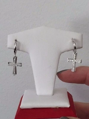 Beautiful Round CZ Double Cross Huggie Top Design Silver Earring - Image 1 of 3