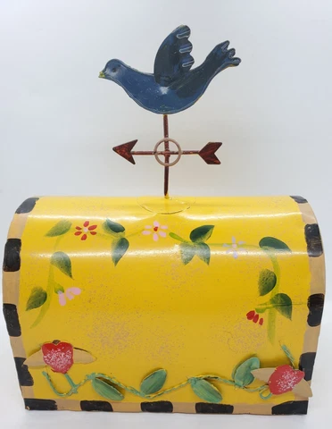 Vintage Painted Birdhouse MailBox Metal Enamelware Paint Folks Art Birdhouse Cover