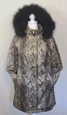 ISAAC MIZRAHI Acolchado Largo Imitación Piel Con Capucha Vestido Abrigo Chaqueta Negro/Tostado XXS Foto 1 de 4