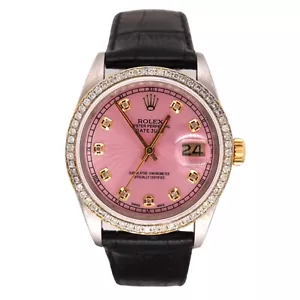 Rolex Mens Datejust 36mm Gold/Steel ICED 1.75ct Diamond Pink Dial Watch Leather - Picture 1 of 9