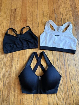 Lot 3 Sports Bras Womens Medium Nike Dri-FIT PINK Ultimate Stoic Zip Black White - Image 1 of 4