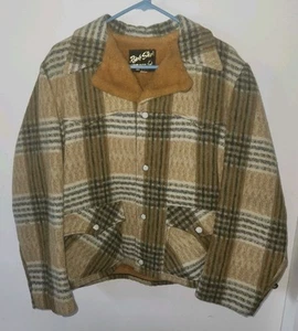 Vtg Rich Sher Wool Coat Mens 42 Wool Plaid Faux Fur Jacket Hunting Pearl Snap - Picture 1 of 21