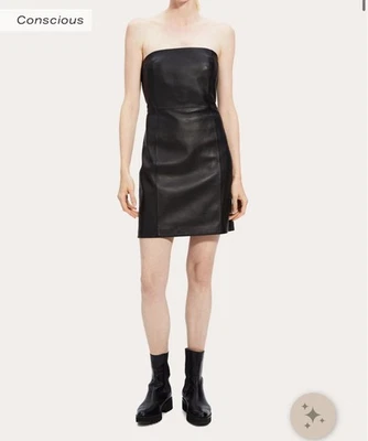 Theory Lamb Leather Mini Dress Strapless Black Point Nappa Lx NWT Size 12 - Image 1 of 4