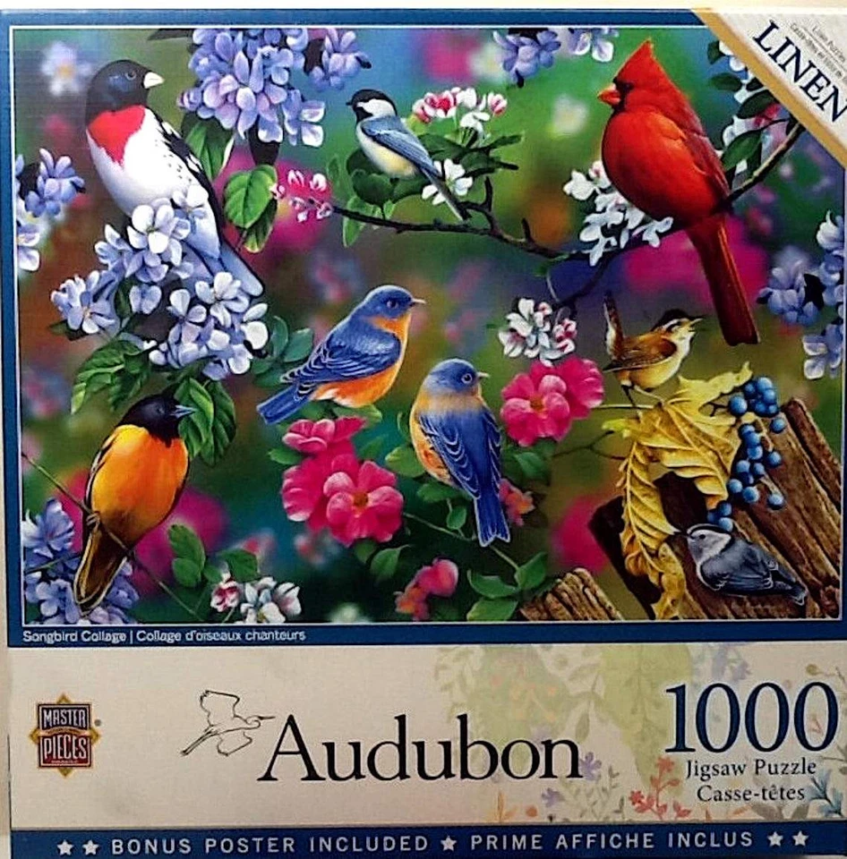 Songbird Collage Audubon Cardinal Flowers Jerry Gadamus 1000 Linen 26X19 Puzzle - Image 1 of 1