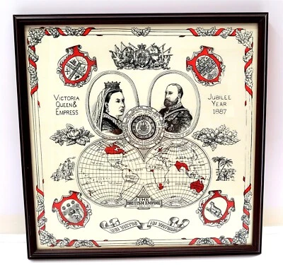 Antique 1887 QUEEN VICTORIA & EMPRESS Framed Textile Handkerchief 19" x 19"  - Image 1 of 4
