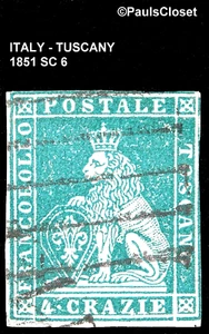 ITALIEN TOSKANA 1851 SC 6 LÖWE DER TOSKANA 4cr GRÜN GEBRAUCHT KEIN GUMMI SEHR GUTER/F - Bild 1 von 2