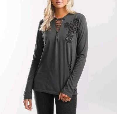 Affliction Women's “Rusted Gates” long sleeve grey T-shirt with rose gold detail - Image 1 of 4