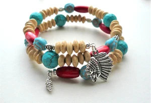 Native American INSPIRED Wrap BRACELET Memory Wire Howlite Wood Bead KCJ4358 - Picture 1 of 4