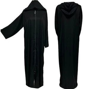 Simple Plain Full Black Hooded Abaya Jalabiya Arab Long Dress - Picture 1 of 5