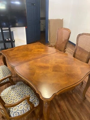 mahogany dining table + chairs vintage Valencay 1977 walnut veneer - Image 1 of 4