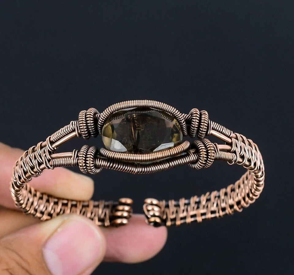 Marvelous Smokey Topaz Wire Wrap Handmade Adjustable Bangle Jewelry For Women - Image 1 of 4
