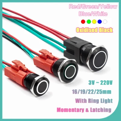 Oxidised Black Metal Pushbutton Ring Light with Wire Momentary Latching 16-25MM - Image 1 of 4