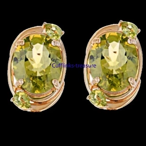 Natural Lemon Quartz & Peridot Stones 925 Silver Cufflinks Gold Plated Cufflinks - Picture 1 of 6