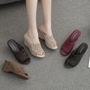 Women Hollow Out Wedge High Heels Slippers Open Toe Floral Summer Jelly Sandals - Picture 1 of 28