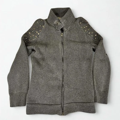 Chaqueta Suéter Tallada con Volantes Mujer M Gris Tachonado Algodón Cremallera Acanalada Cuello Simulado Foto 1 de 4