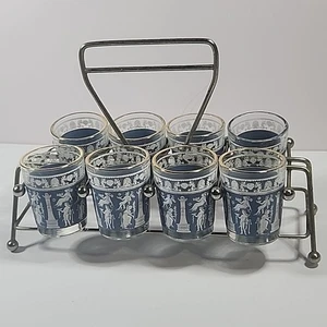 Vintage Jeannette Glas Schnapsglas Set & Träger Hellenisch Griechisch Römisch Blau LESEN - Bild 1 von 4