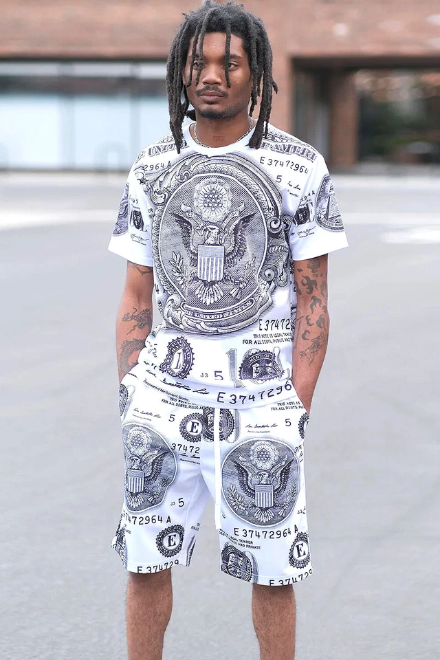 Victorious Men's Casual Big Money Bills Print T-shirt & shorts Set ST881 - Image 1 of 1