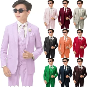 Boys Linen Suit Boys 3 Piece Vest Suit Boy Formal Suit Set Tuxedos for Kids Prom - Picture 1 of 22